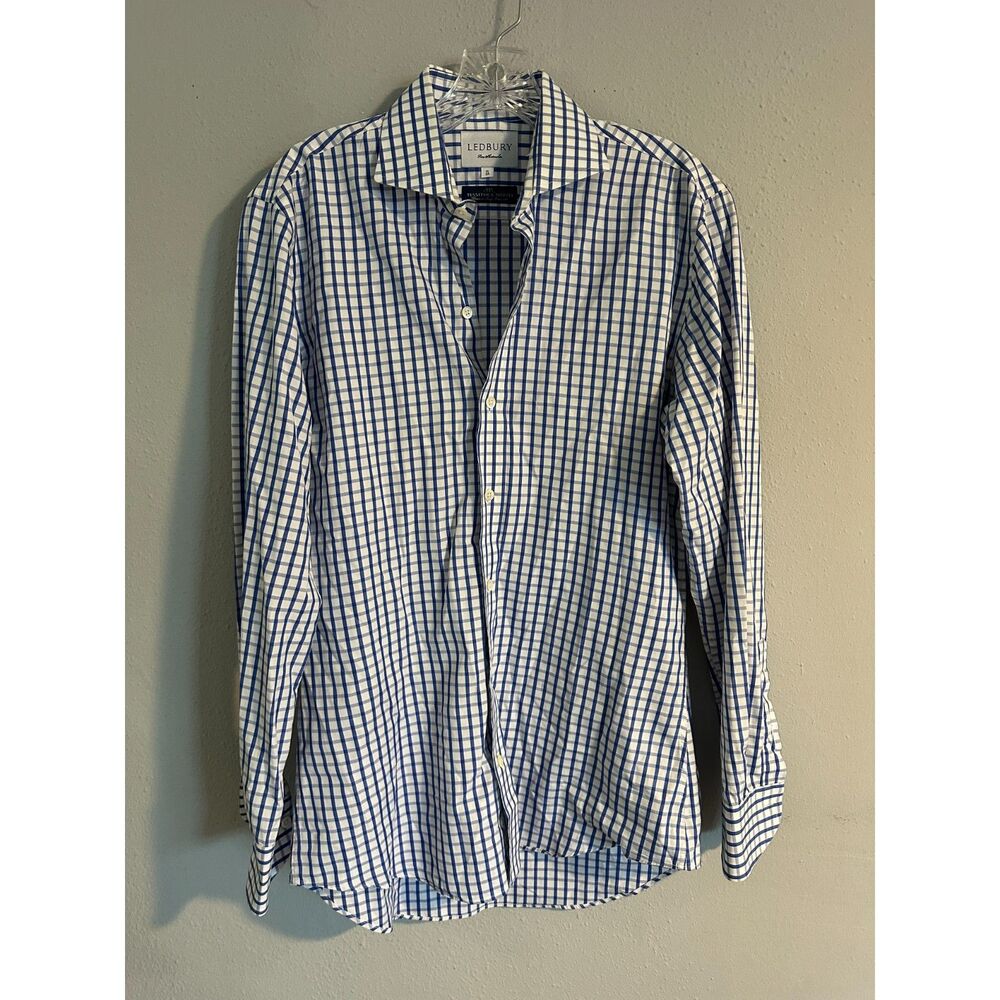 Ledbury Tessitura Monti Men’s Blue Check Cotton Dress Shirt Size M 15/34